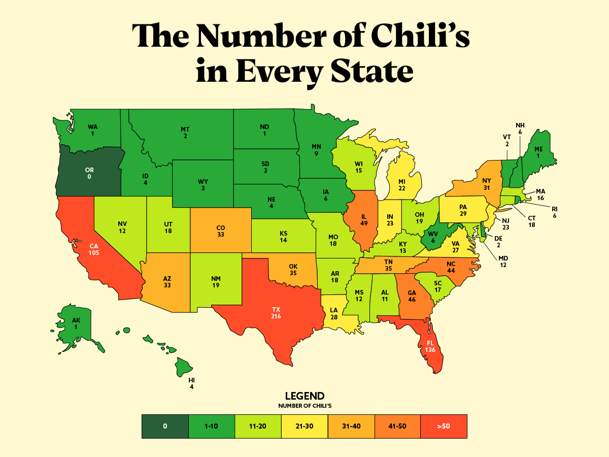 Curious to know how many Chili's locations are near you? Check out our map to discover how many Chili's restaurants are in each state here!