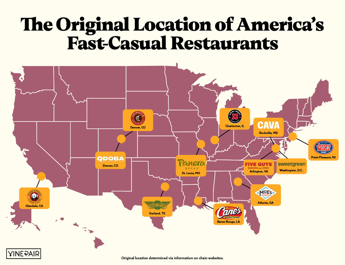 From Jersey Mike's and Jimmy John's to Cava and Sweetgreen, check out the original locations of 12 American fast-casual restaurants here!