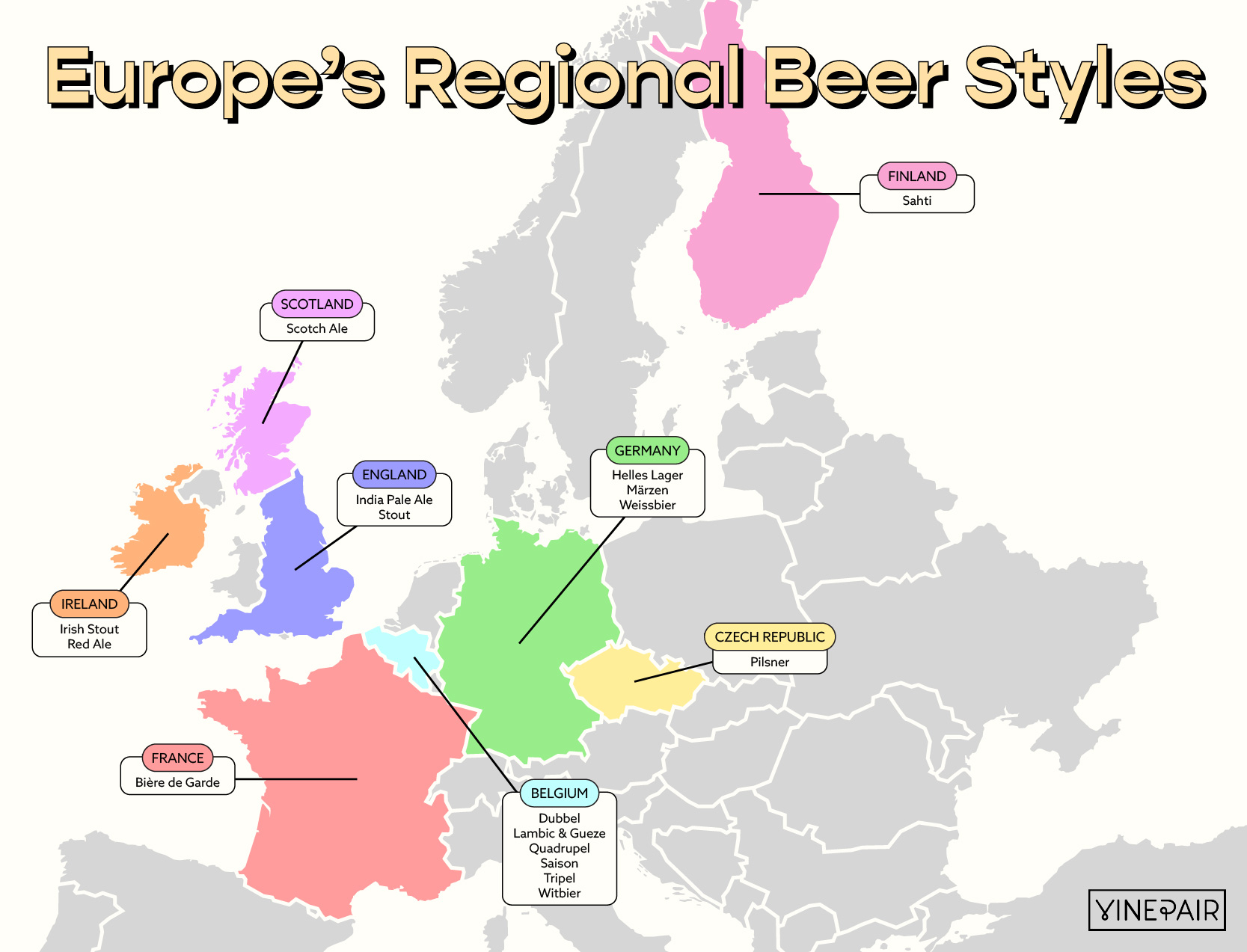 From Irish Stouts to Finnish Farmhouse Ales, we mapped the regional beer styles around Europe and described each one.