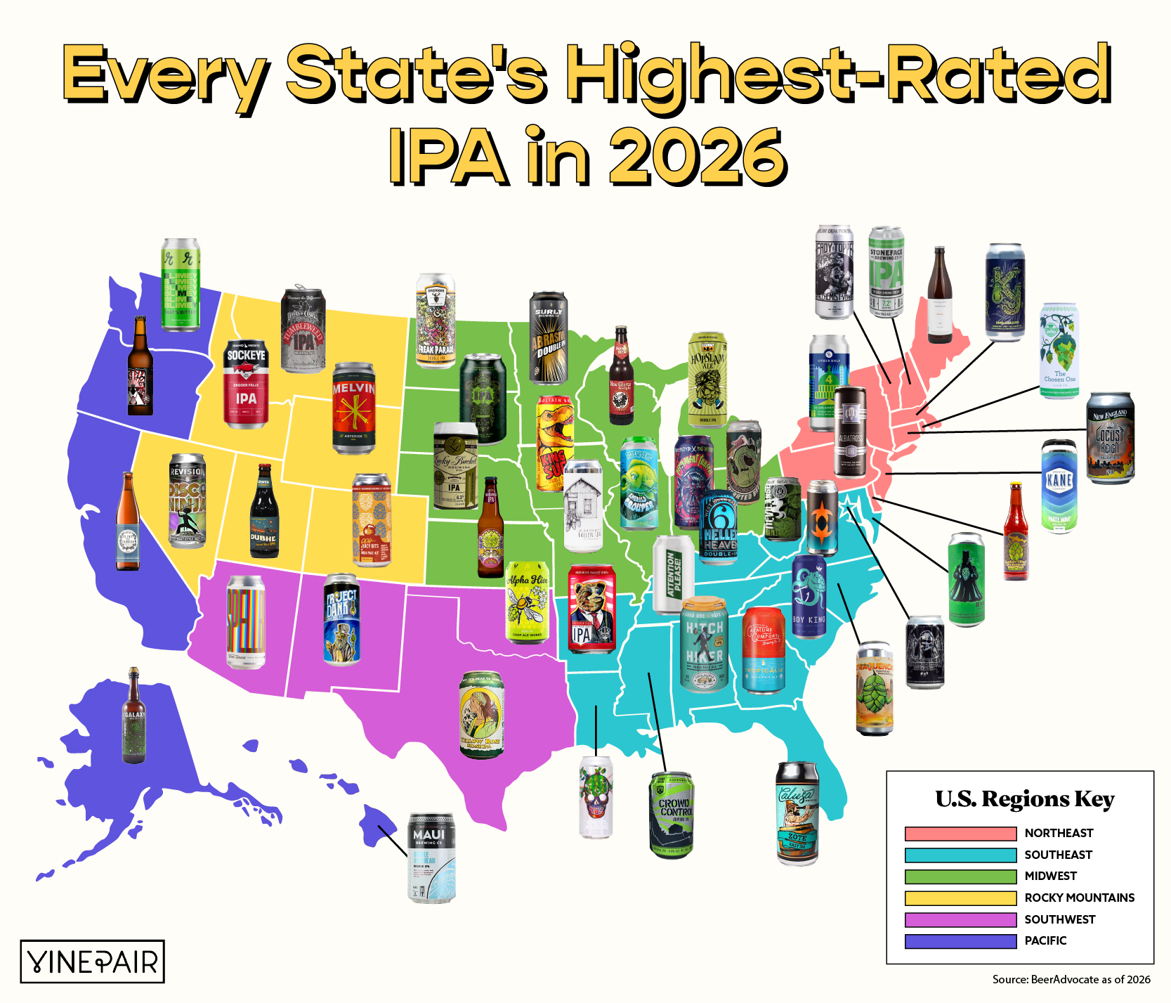 Americans love hoppy, juicy brews, so check out our map and table charting the fan-favorite IPAs in every state.